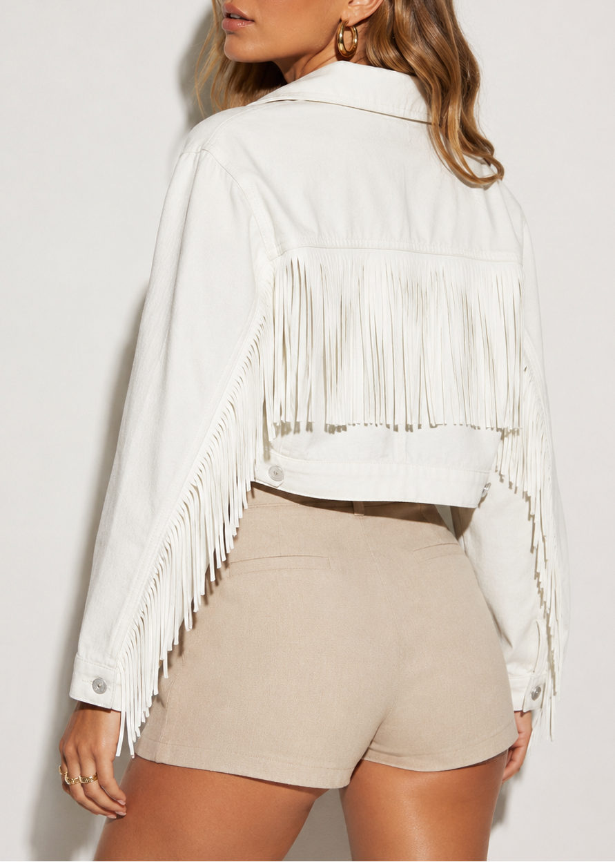 Cropped White Fringe Denim Jacket