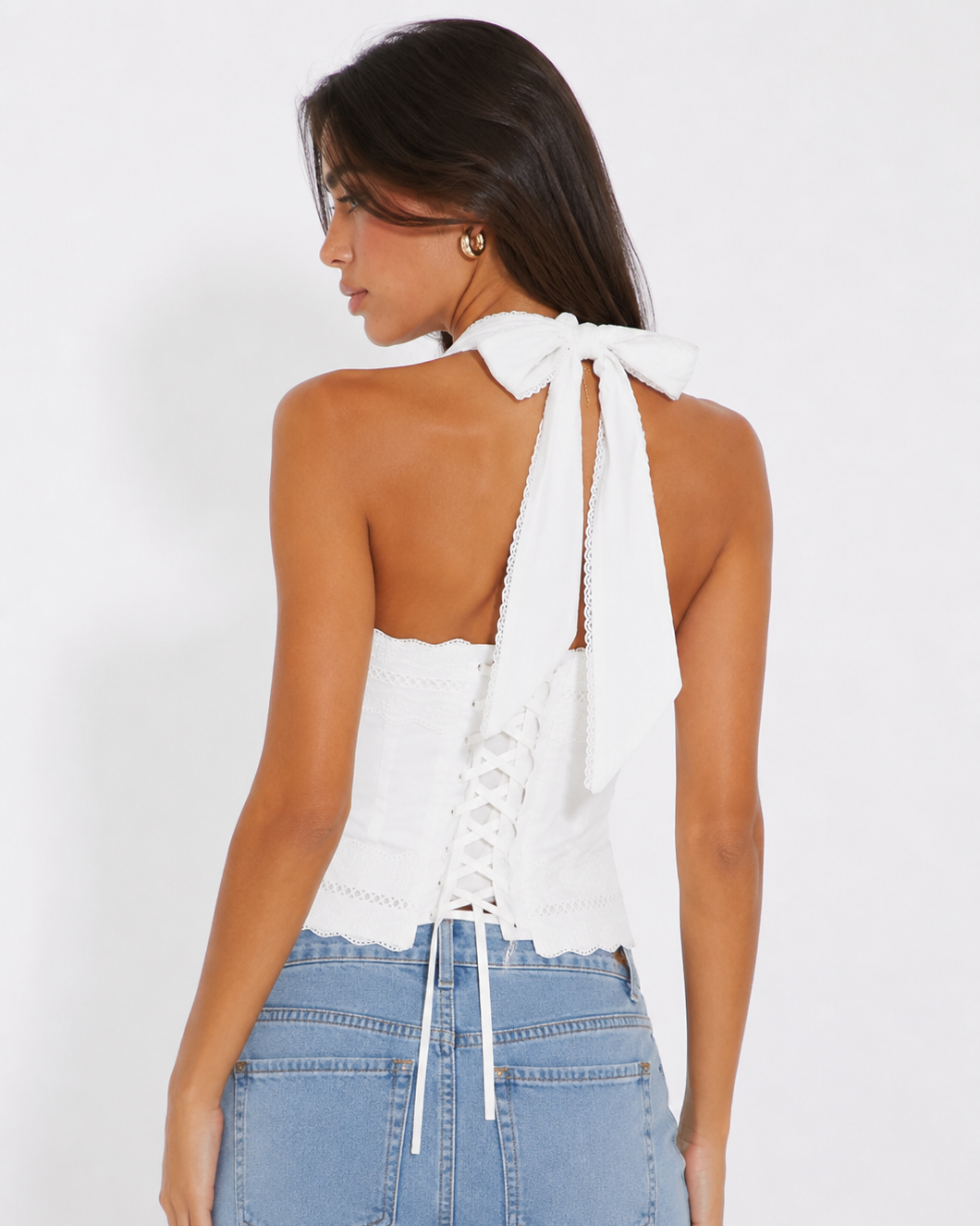 White Lace Trim Halter Tie Crop Top