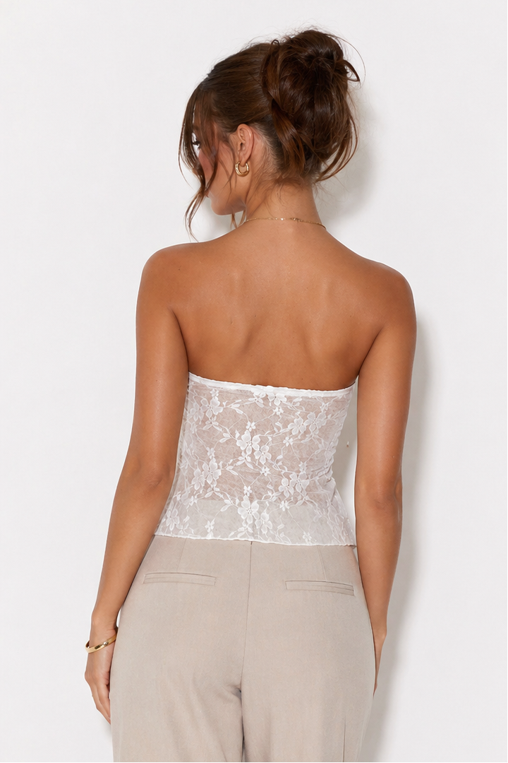 White Ruched Lace Drawstring Tube Top