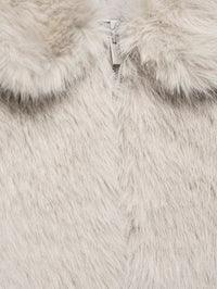 Women’s Faux Fur Jacket with Collar – Ivory Plush Zipper Coat for Winter Outfits