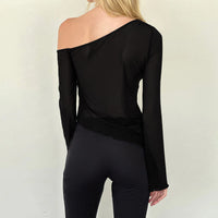 Women’s Off Shoulder Mesh Long Sleeve Asymmetrical Slim Fit Top