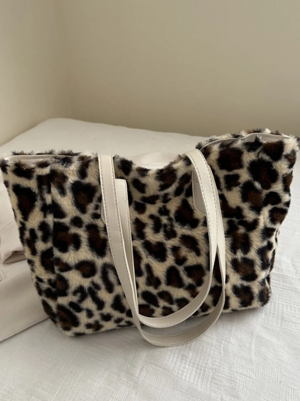 Leopard Print Faux Fur Tote Bag with Zip Closure