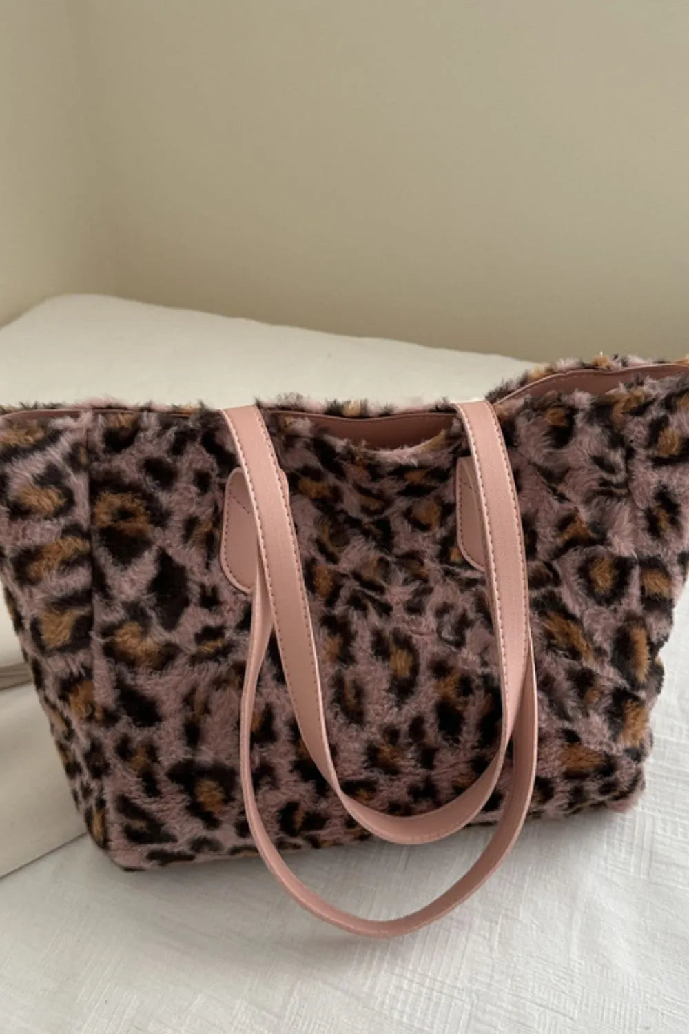 Leopard Print Faux Fur Tote Bag with Zip Closure