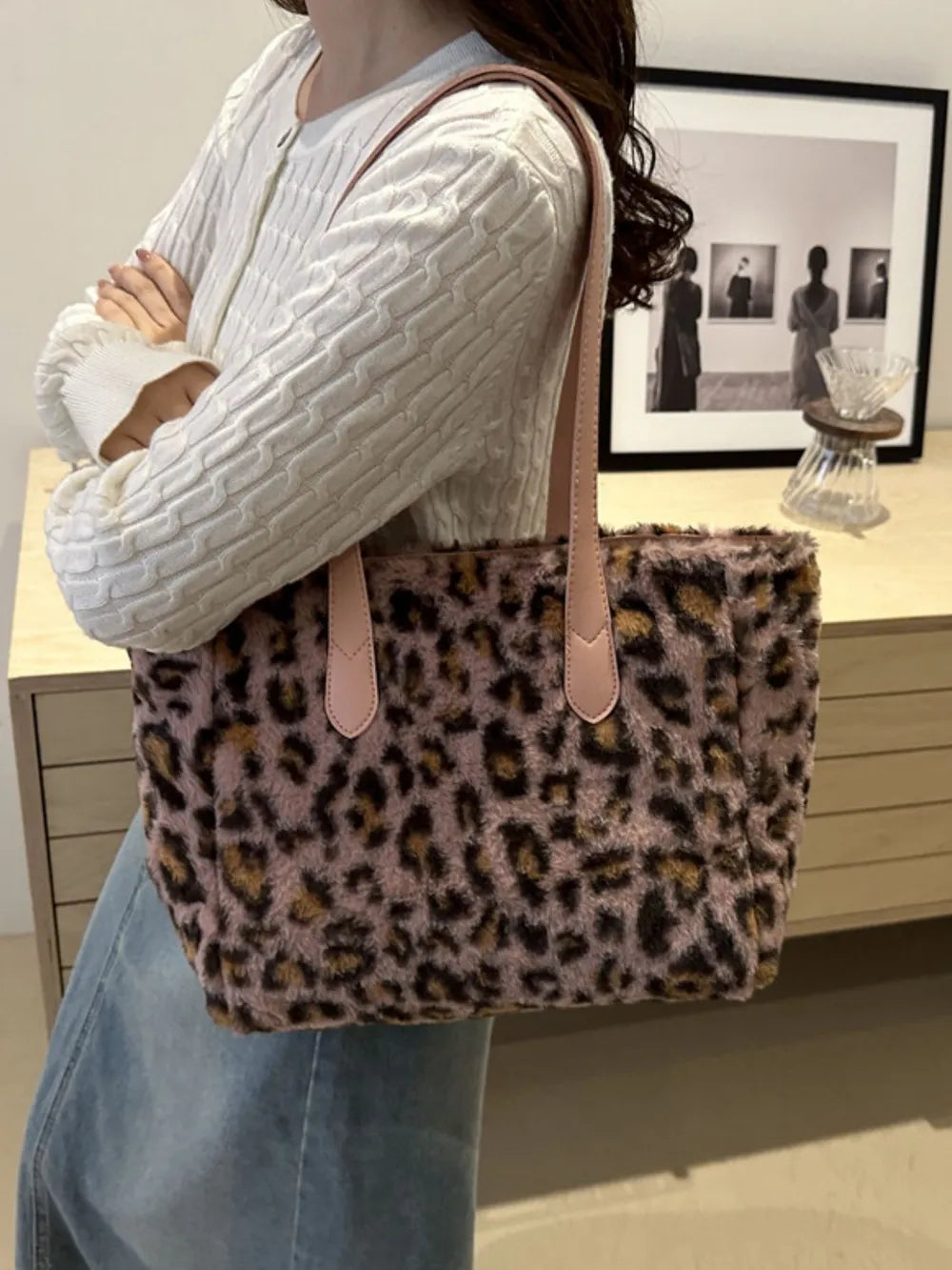 Leopard Print Faux Fur Tote Bag with Zip Closure