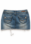 Almost Famous blue denim micro mini skirt, back studio view with embroidered flap pockets