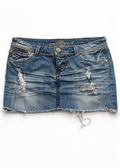 Almost Famous blue distressed denim micro mini skirt, front studio view with raw hem
