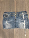 Almost Famous distressed denim micro mini skirt, front view with tape measure for length