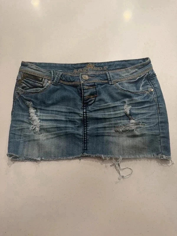 Almost Famous distressed denim micro mini skirt, front view