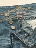Almost Famous distressed denim micro mini skirt, inside waistband label and button fly
