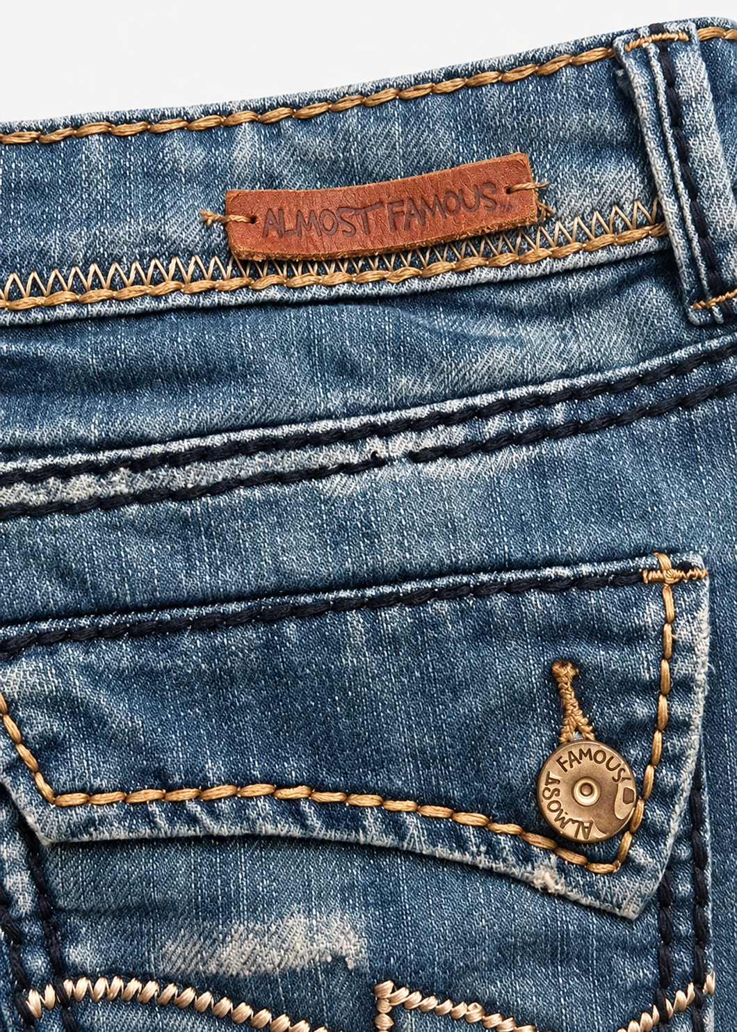 Almost Famous denim skirt close-up of brown brand patch, contrast stitching and back pocket button