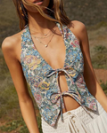 Women's mixed floral tie-front halter crop top