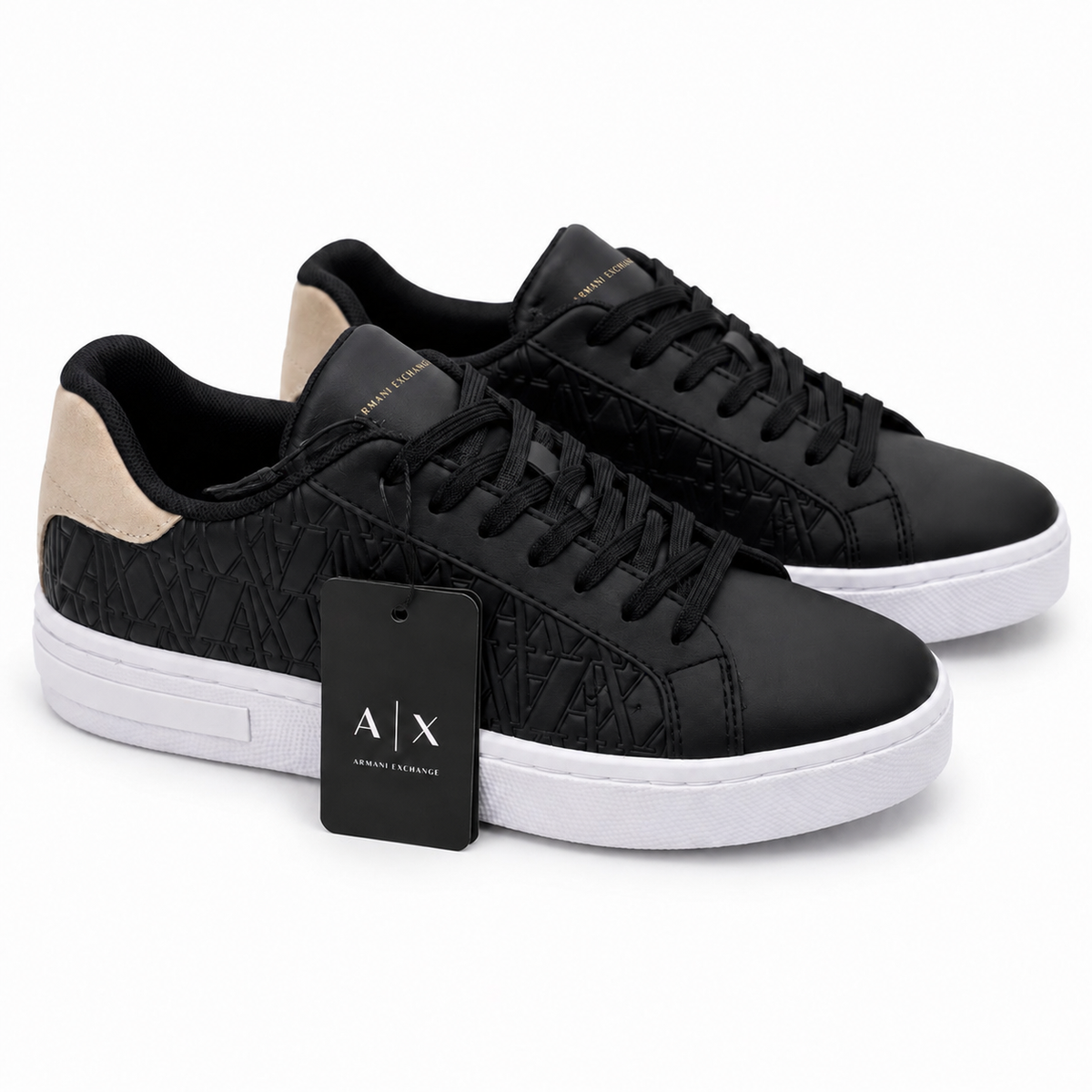Armani Exchange AX London black and pale gold sneakers with Armani Exchange tongue branding