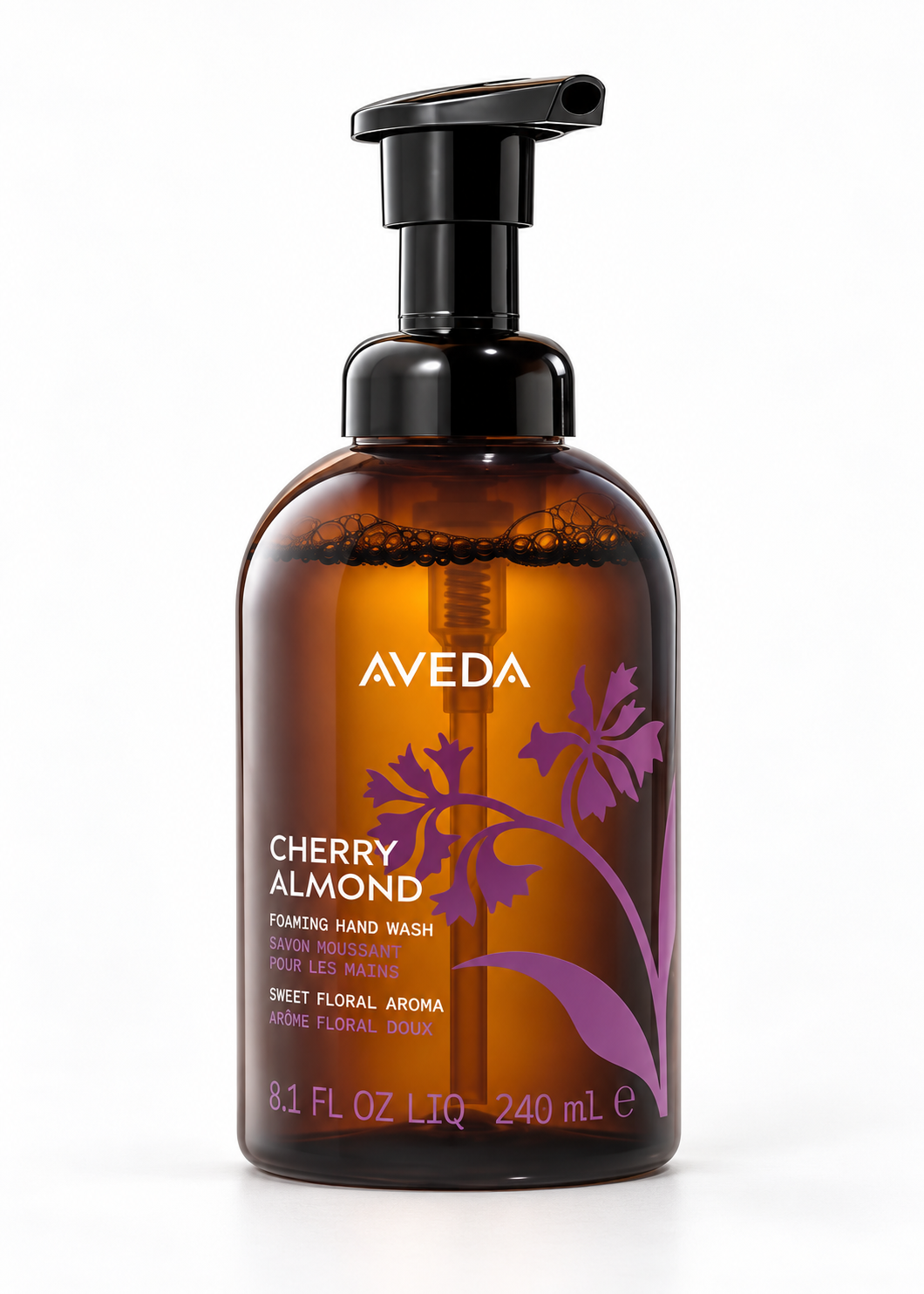 Aveda Cherry Almond Foaming Hand Wash 8.1 fl oz amber pump bottle on a soft white studio background