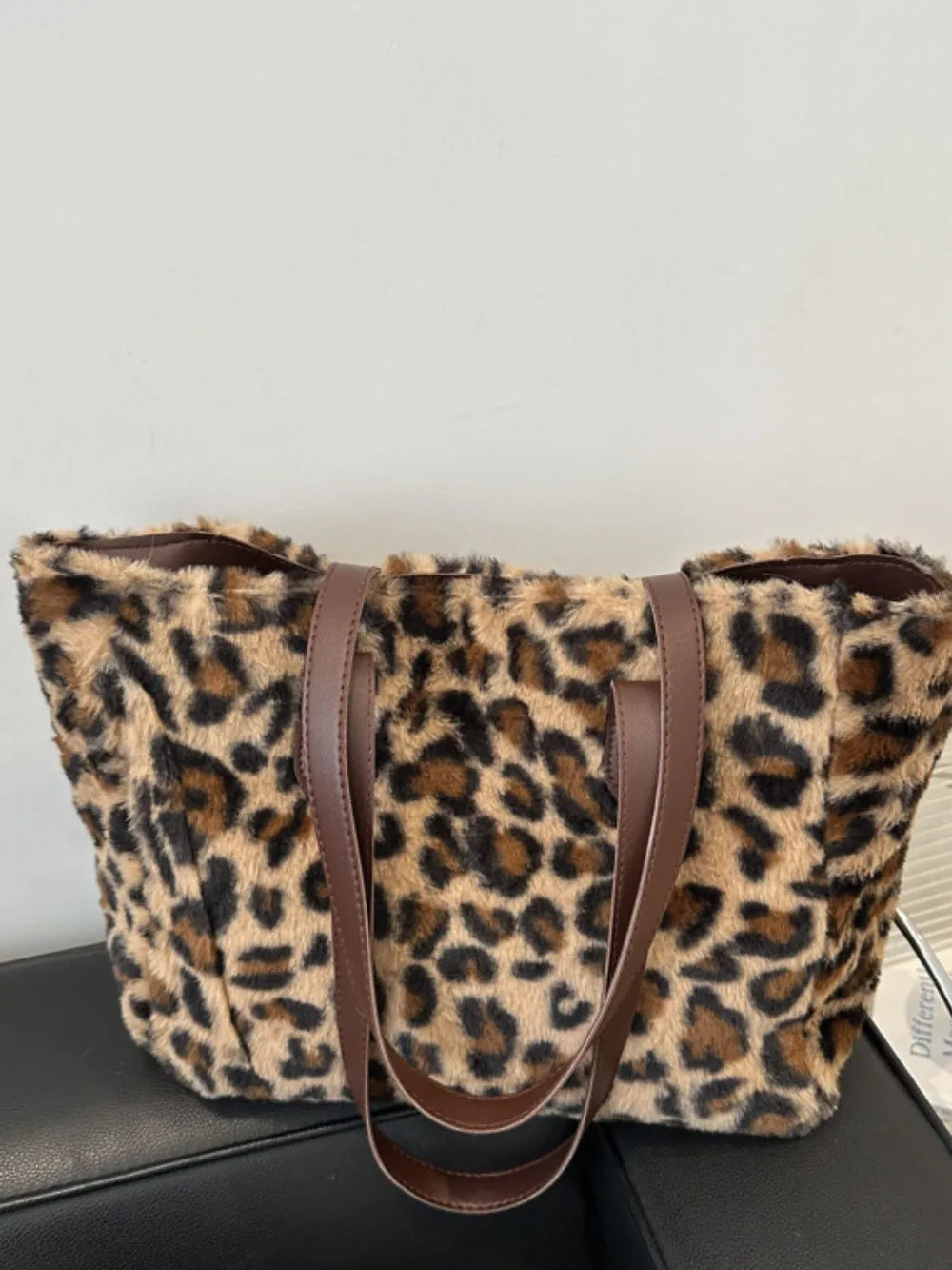 Leopard Print Faux Fur Tote Bag with Zip Closure
