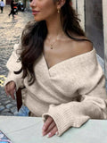 Tie Waist Surplice Knit Sweater Top with Wrap Front - Gloss & Grit