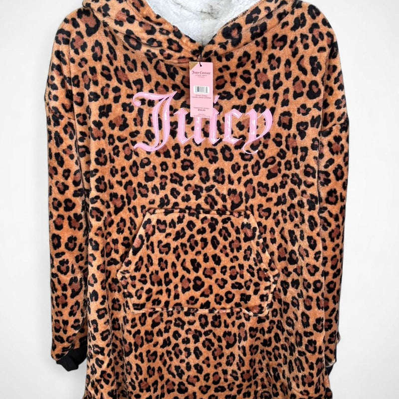 Women’s Juicy Couture Leopard Sherpa Hoodie Dress Cozy Lounge Sleepwear