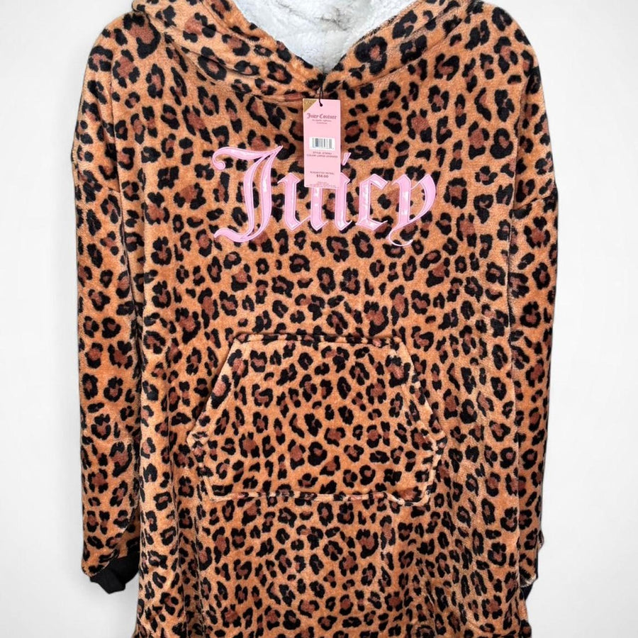 Women’s Juicy Couture Leopard Sherpa Hoodie Dress Cozy Lounge Sleepwear
