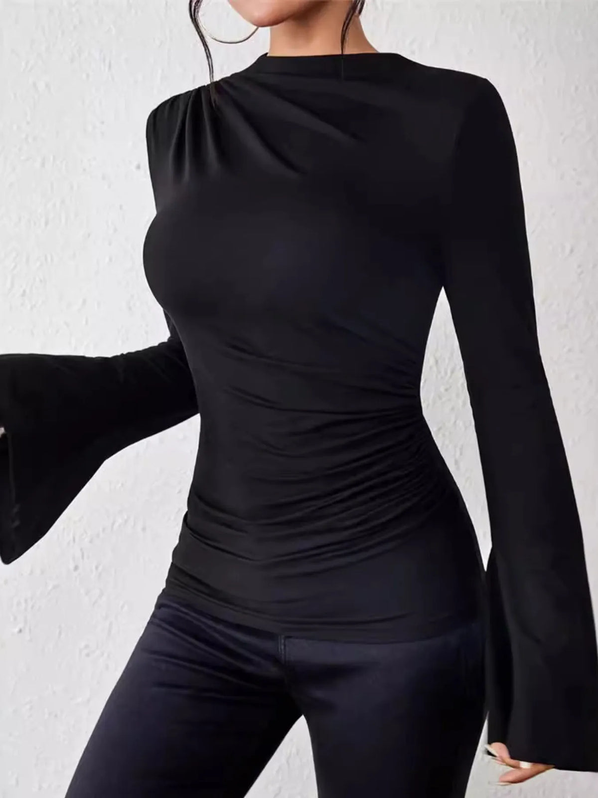 Ruched Mock Neck Bell Sleeve Top - Gloss & Grit