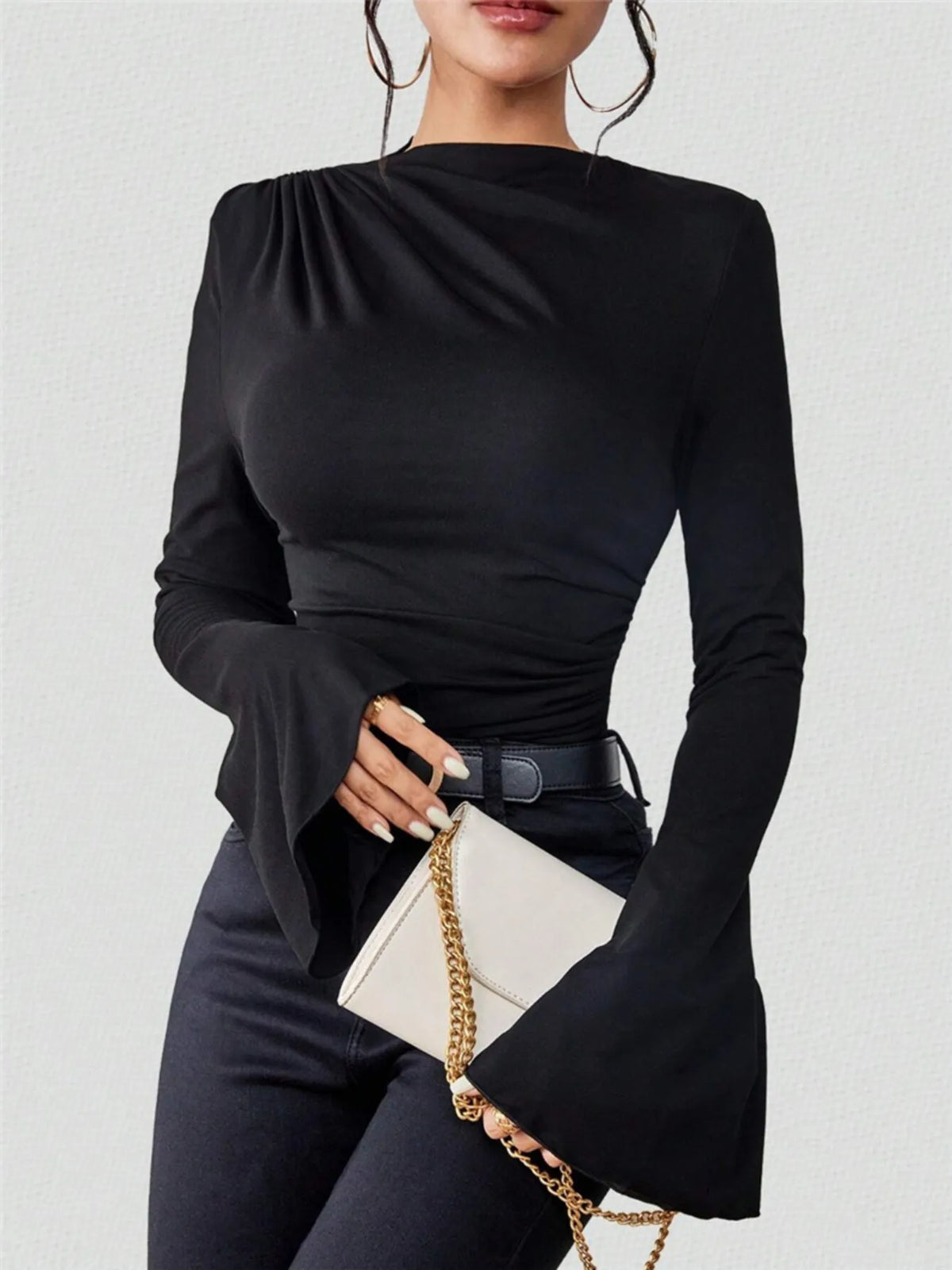 Ruched Mock Neck Bell Sleeve Top - Gloss & Grit