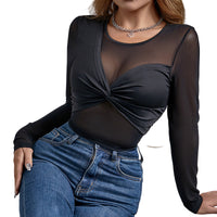 Women’s Mesh Twist-Front Crop Top — Long Sleeve Sheer Layering Top