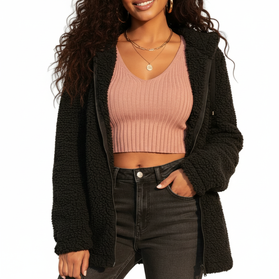 Women’s Sherpa Hooded Jacket — Teddy Zip-Up Fleece Jacket