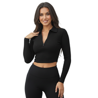 Women’s Zip Polo Collar Long Sleeve Crop Top – Y2K Slim Fit Layering Top