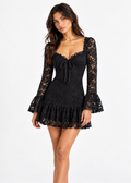 Briar black floral lace mini dress front view with tie neckline and bell sleeves