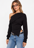 Briella black one-shoulder long sleeve top styled with blue jeans and black glasses