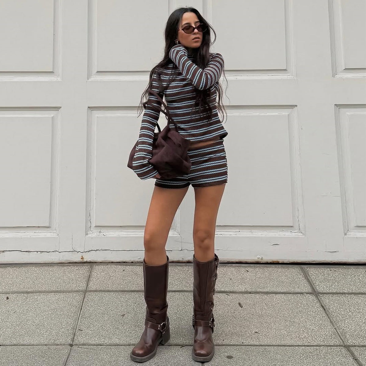 Brinley brown striped long sleeve top and shorts set