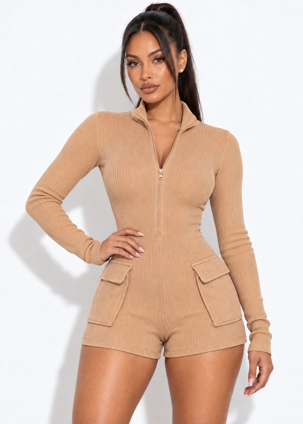 Callista tan ribbed romper posed front view with open collar