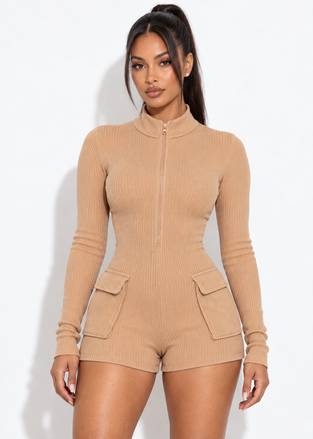 Callista tan ribbed romper front view