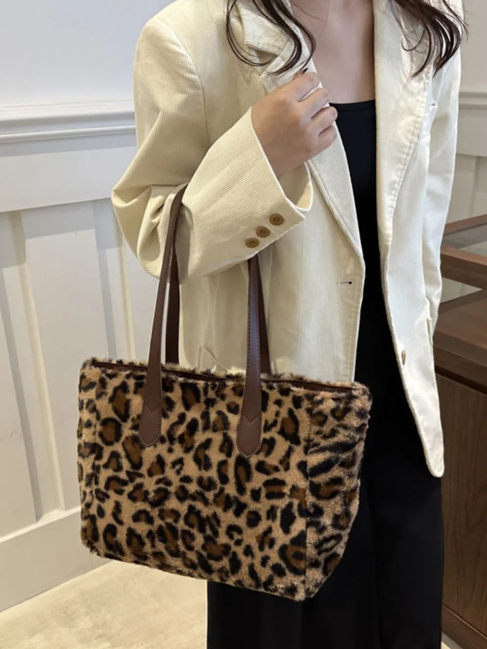 Leopard Print Faux Fur Tote Bag with Zip Closure
