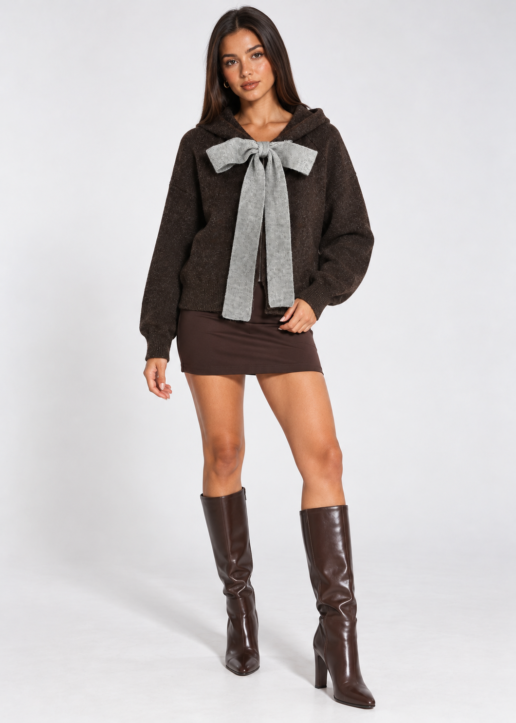 Cecily Bow Hooded Cardigan in dark brown, styled model front view