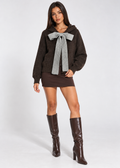 Cecily Bow Hooded Cardigan in dark brown, styled model front view