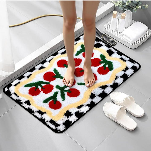 Cherry Print Bath Rug – Retro Checkered Non-Slip Bathroom Mat 20×32 Inch
