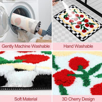 Cherry Print Bath Rug – Retro Checkered Non-Slip Bathroom Mat 20×32 Inch