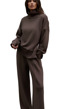 Person wearing a brown outfit on a white background