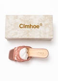 Clmhoe brown jelly kitten heel mule with branded box on white studio background