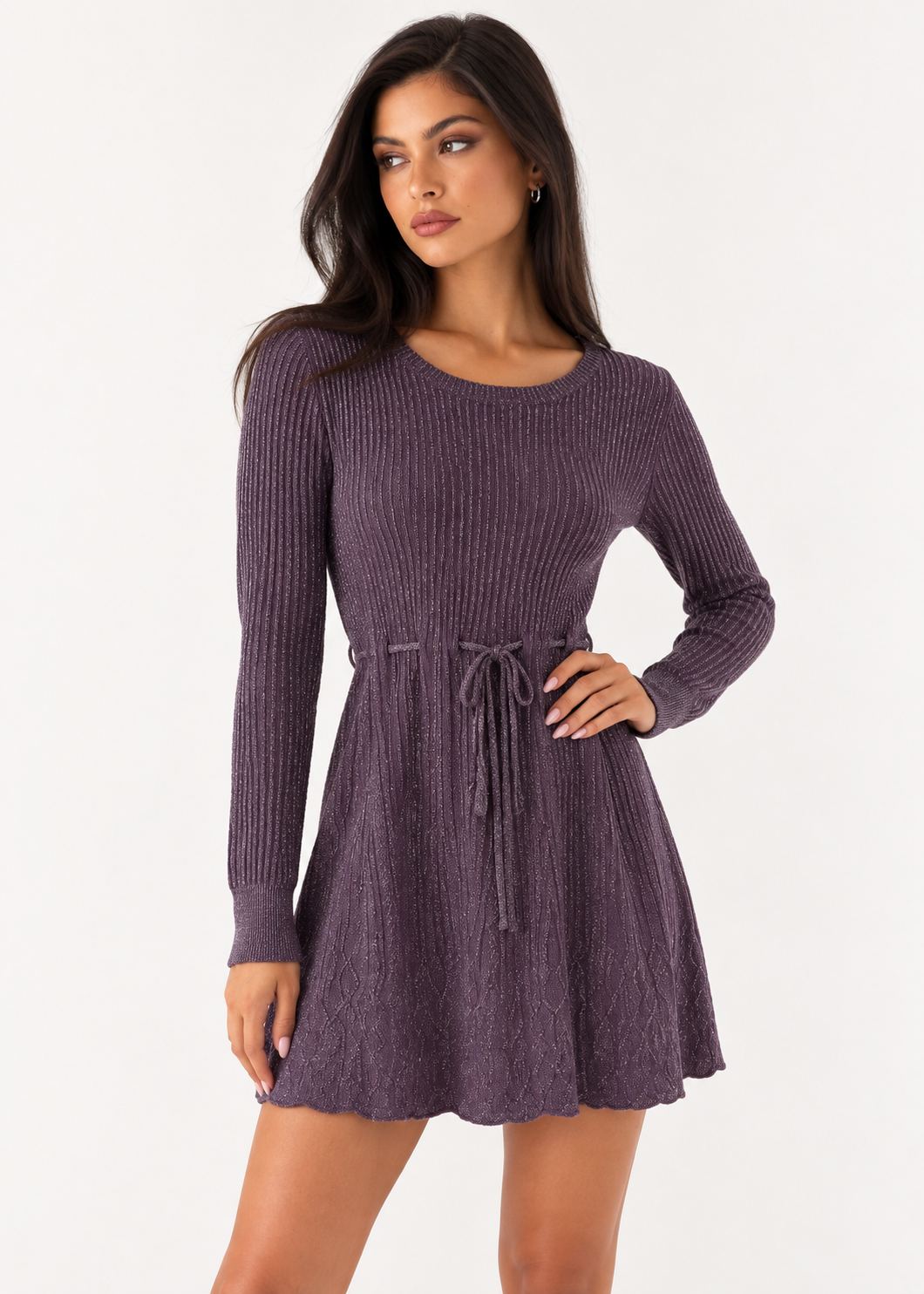 Front view of Daisy Fuentes purple metallic ribbed tie-waist mini dress on a model
