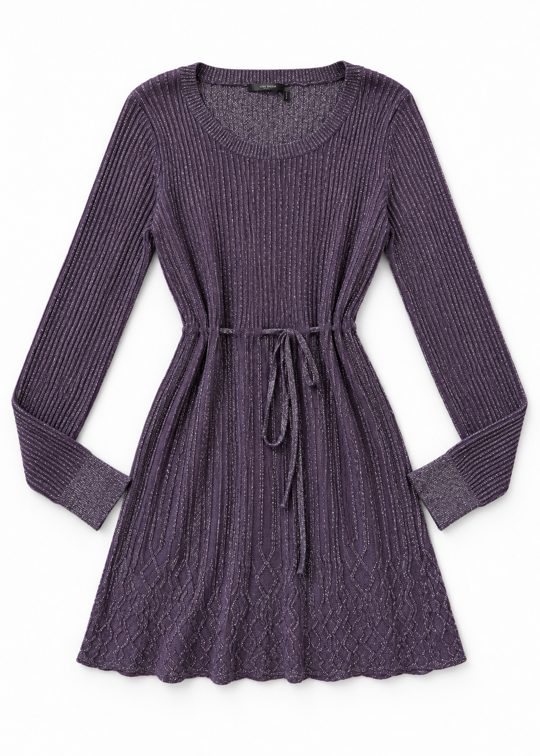 Front studio flat lay of Daisy Fuentes purple metallic tie-waist mini dress