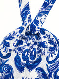 Women's Halter Maxi Dress | Blue Paisley Print High-Low - Gloss & Grit
