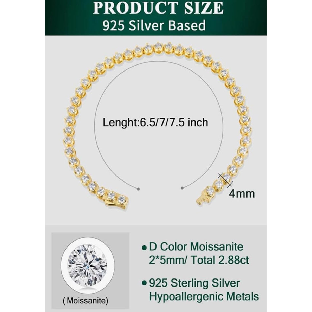 Sterling Silver 14K Gold Plated 2.5mm Round Cut Moissanite Tennis Bracelet - Gloss & Grit