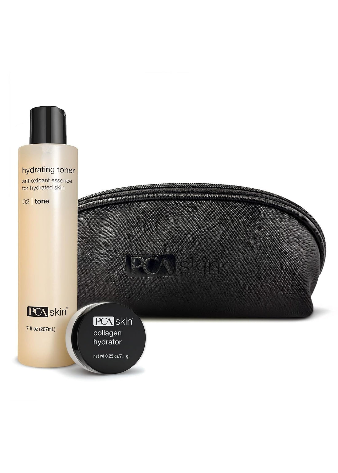 PCA SKIN hydrating toner and collagen hydrator set with black zip cosmetic bag