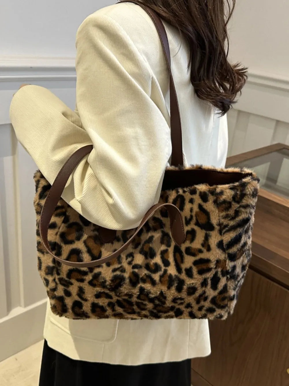 Leopard Print Faux Fur Tote Bag with Zip Closure