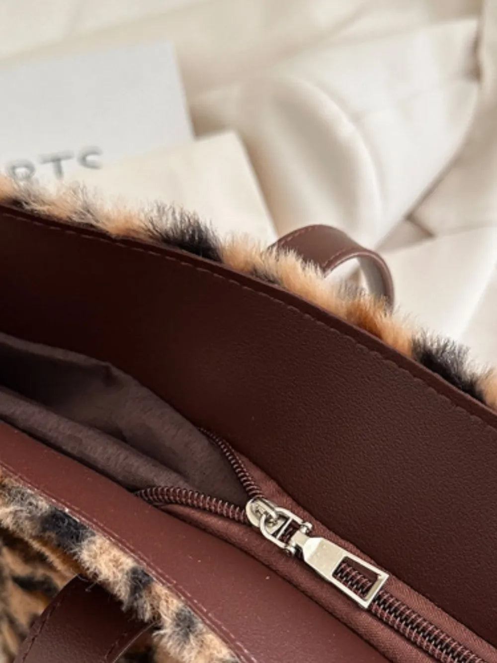 Leopard Print Faux Fur Tote Bag with Zip Closure