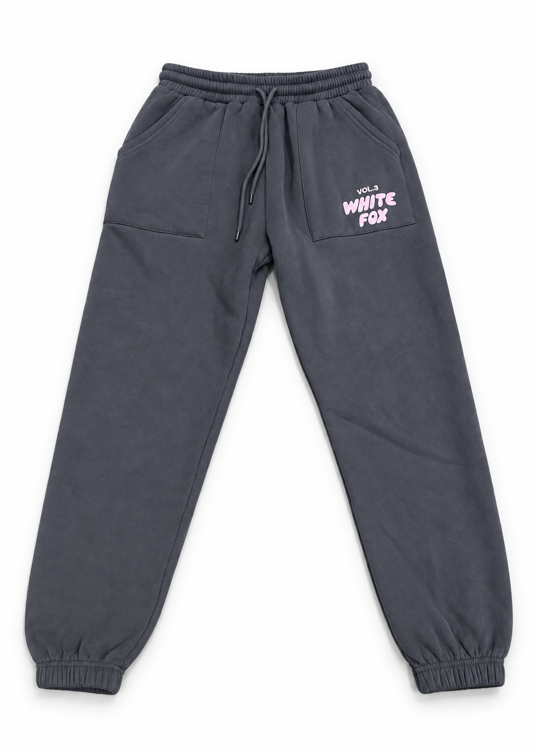 White Fox Vol.3 charcoal joggers studio front flat lay