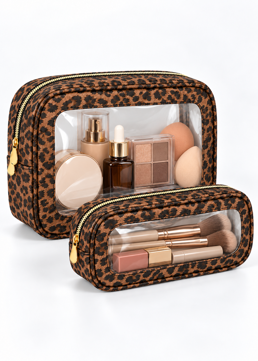 Leopard print clear cosmetic bag set in two sizes filled with makeup