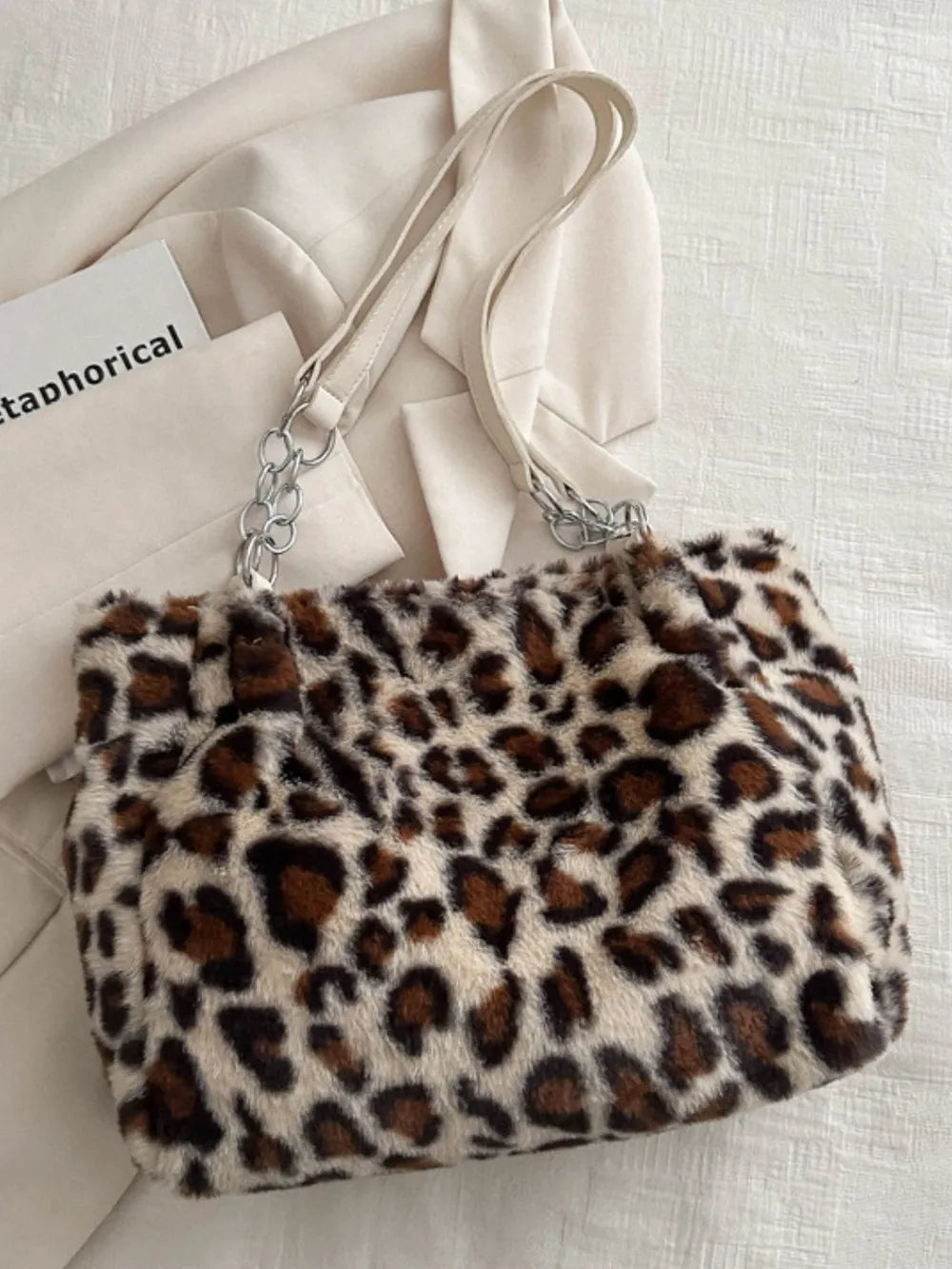 Women’s Faux Fur Leopard Shoulder Bag Chain Strap Soft Slouchy Handbag