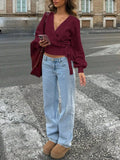 Tie Waist Surplice Knit Sweater Top with Wrap Front - Gloss & Grit
