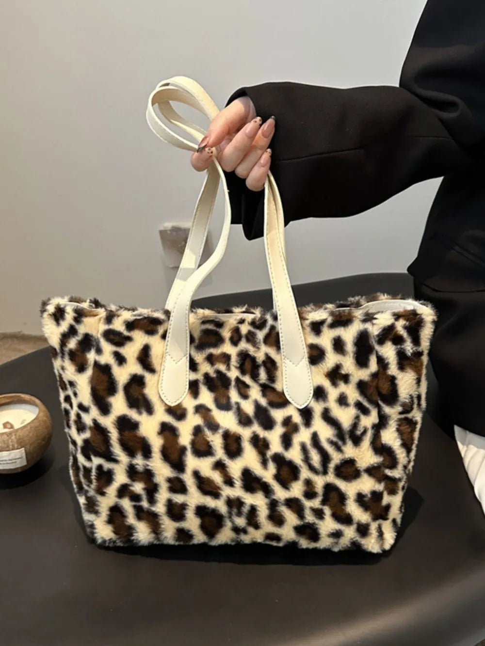 Leopard Print Faux Fur Tote Bag with Zip Closure